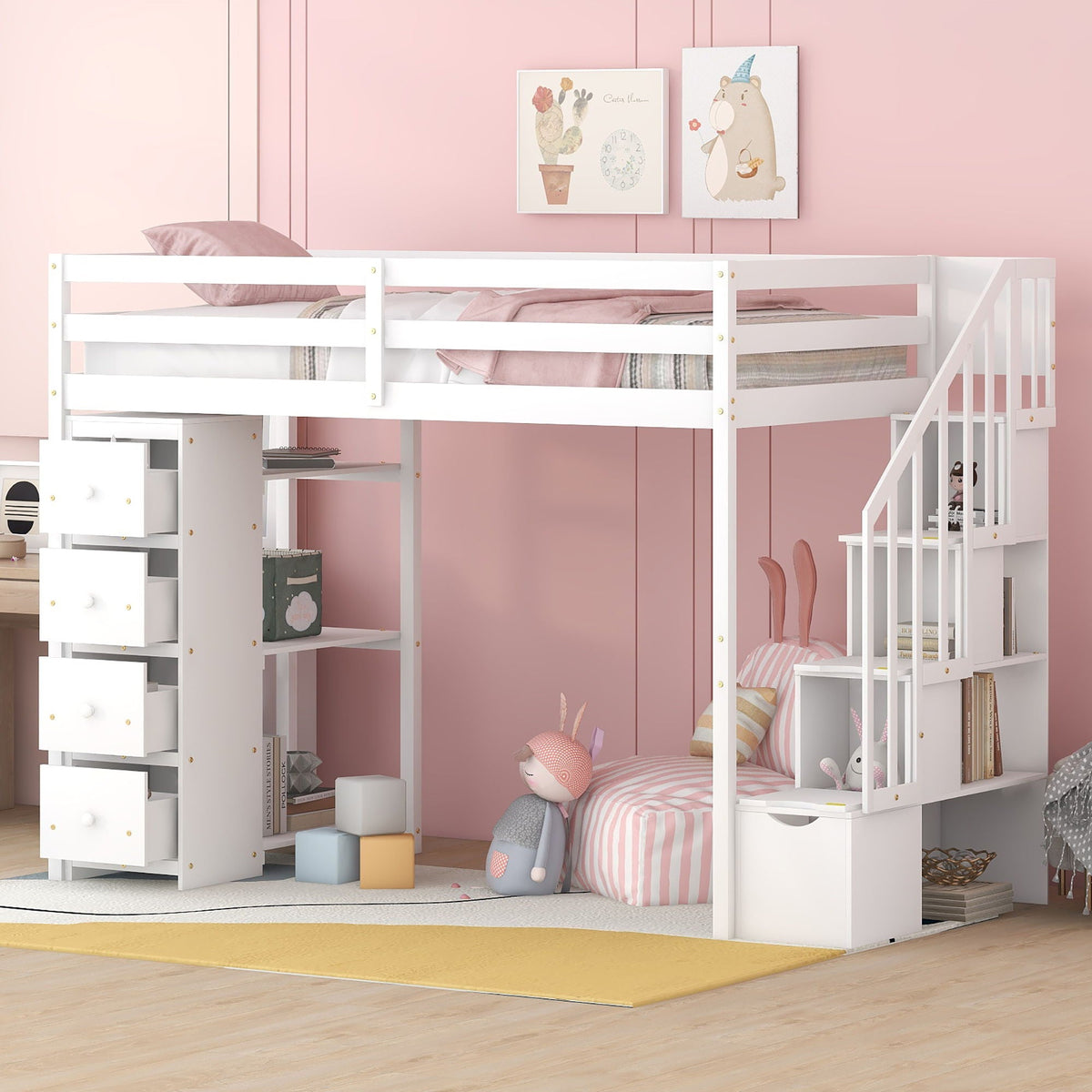 Loft Bed With Storage Drawers And Stairs With Shelves
