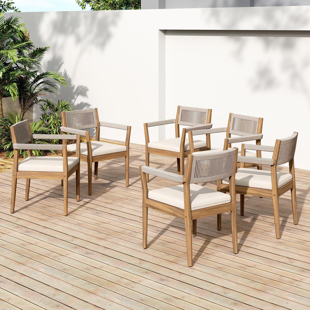 Braided Acacia Wood Outdoor Dining Chairs Set of 2 β Teak Look with Beige Rope & Cream Cushions