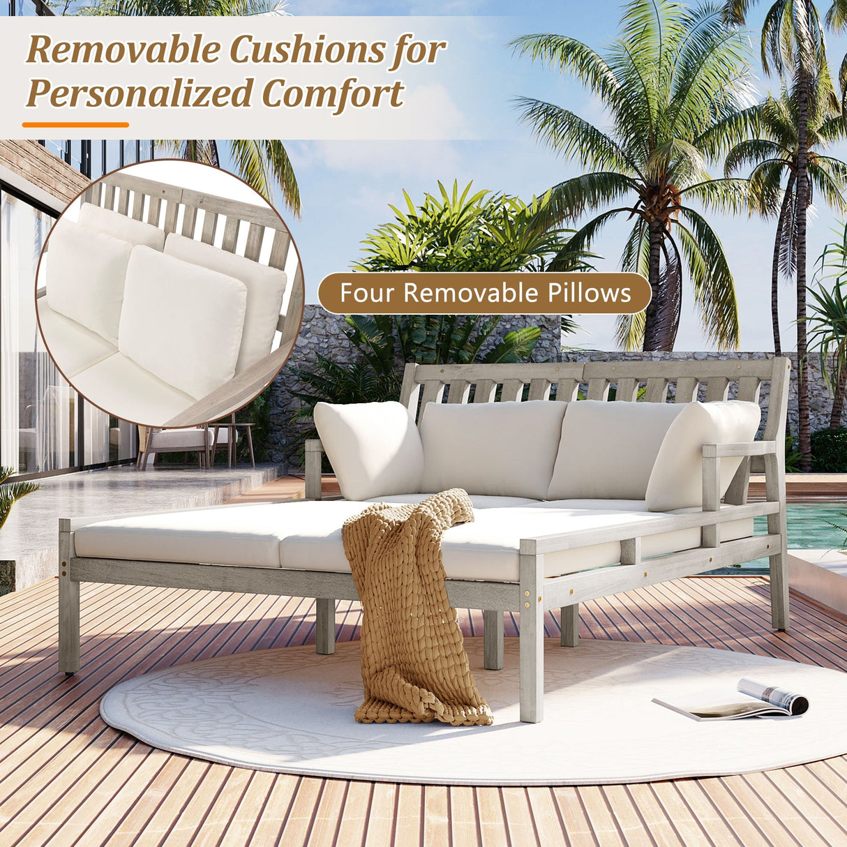 Outdoor Daybed With Four Pillows (Gray+Beige Cushion)