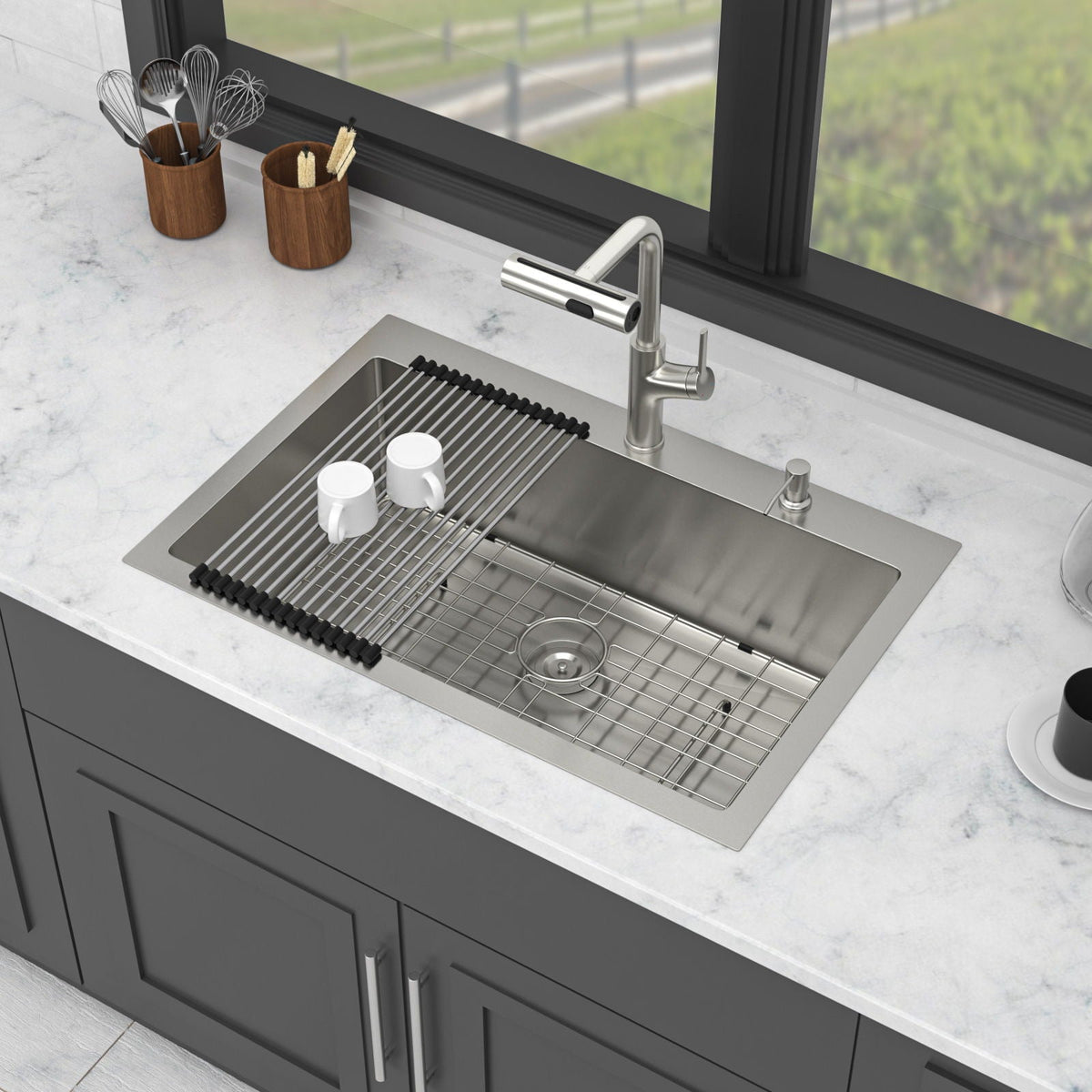 Drop-In Kitchen Sink With Pull-Out Faucet And Soap Dispenser