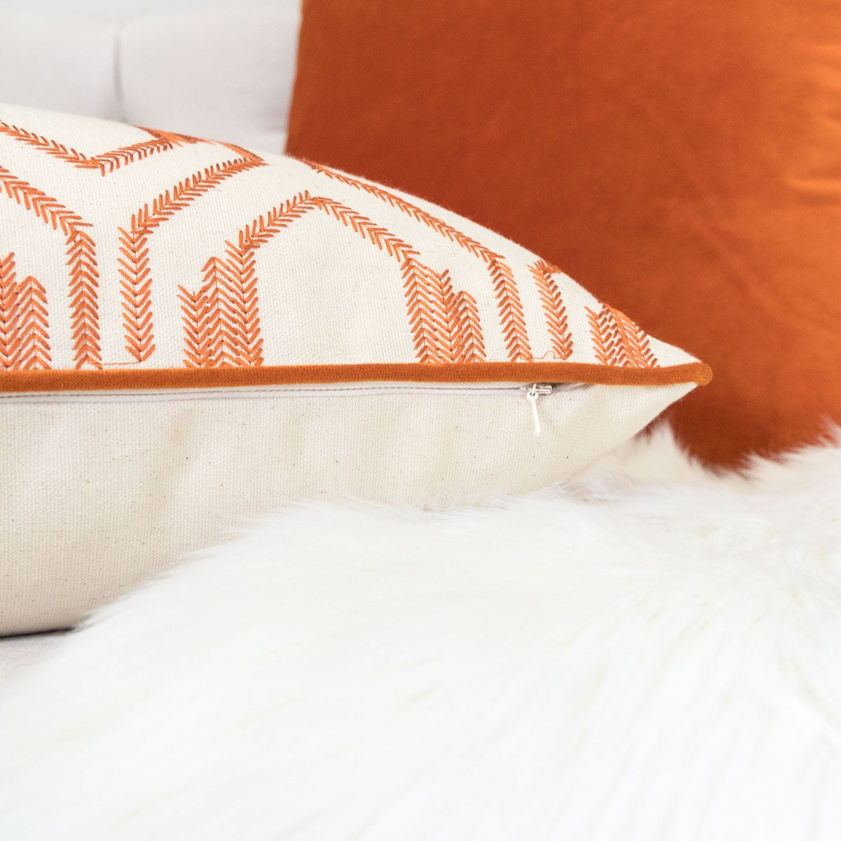 Geometric Embroidered Throw Pillow - Rust