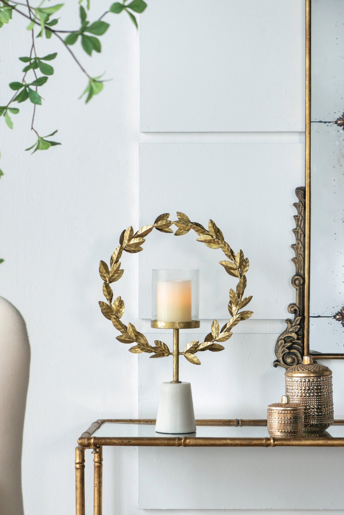 Iron Floral Hurricane Table Lamp with Marble Base - Gold & White