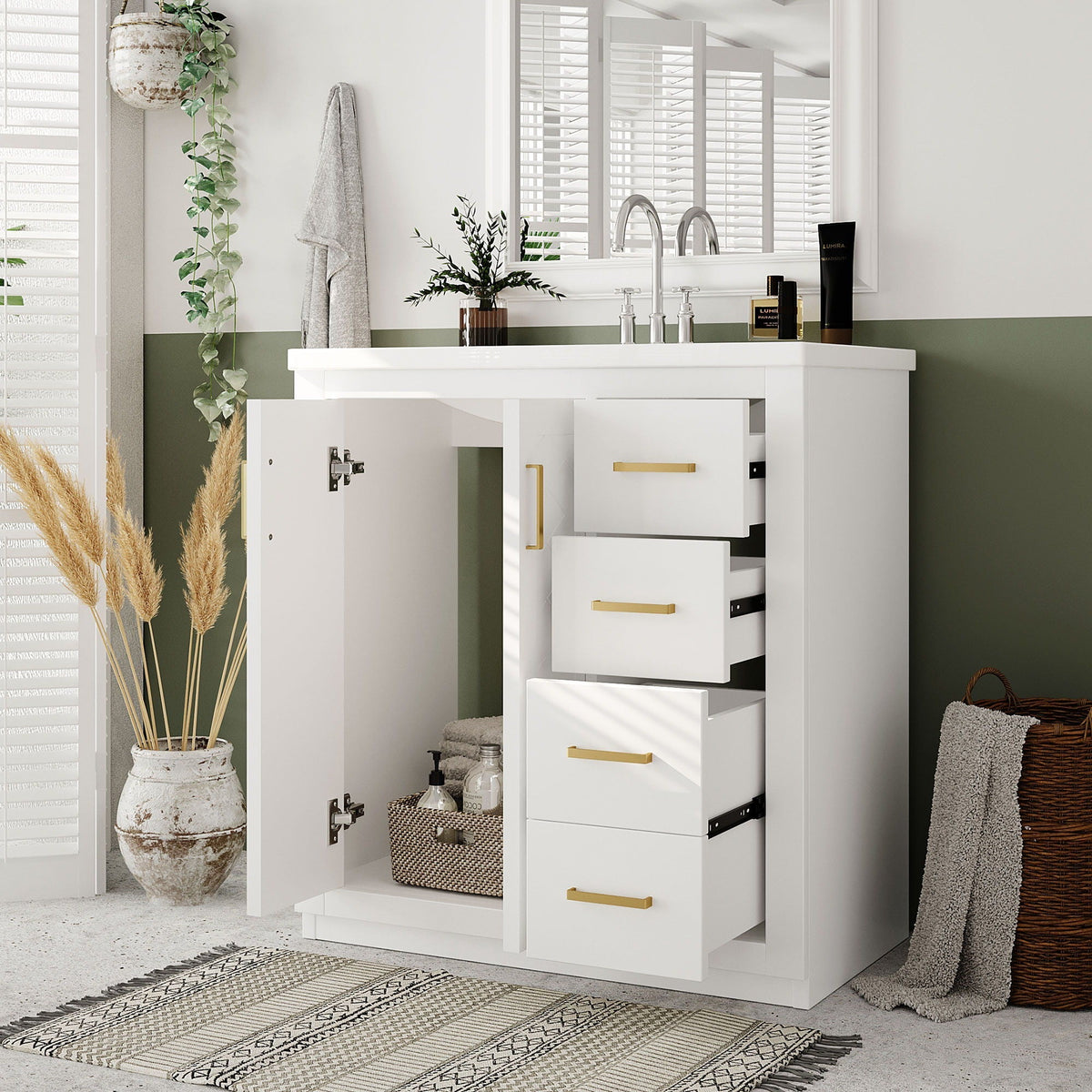 Bathroom Vanity with Ceramic Sink and Storage Cabinet - Dark Green, White, Black, or Blue