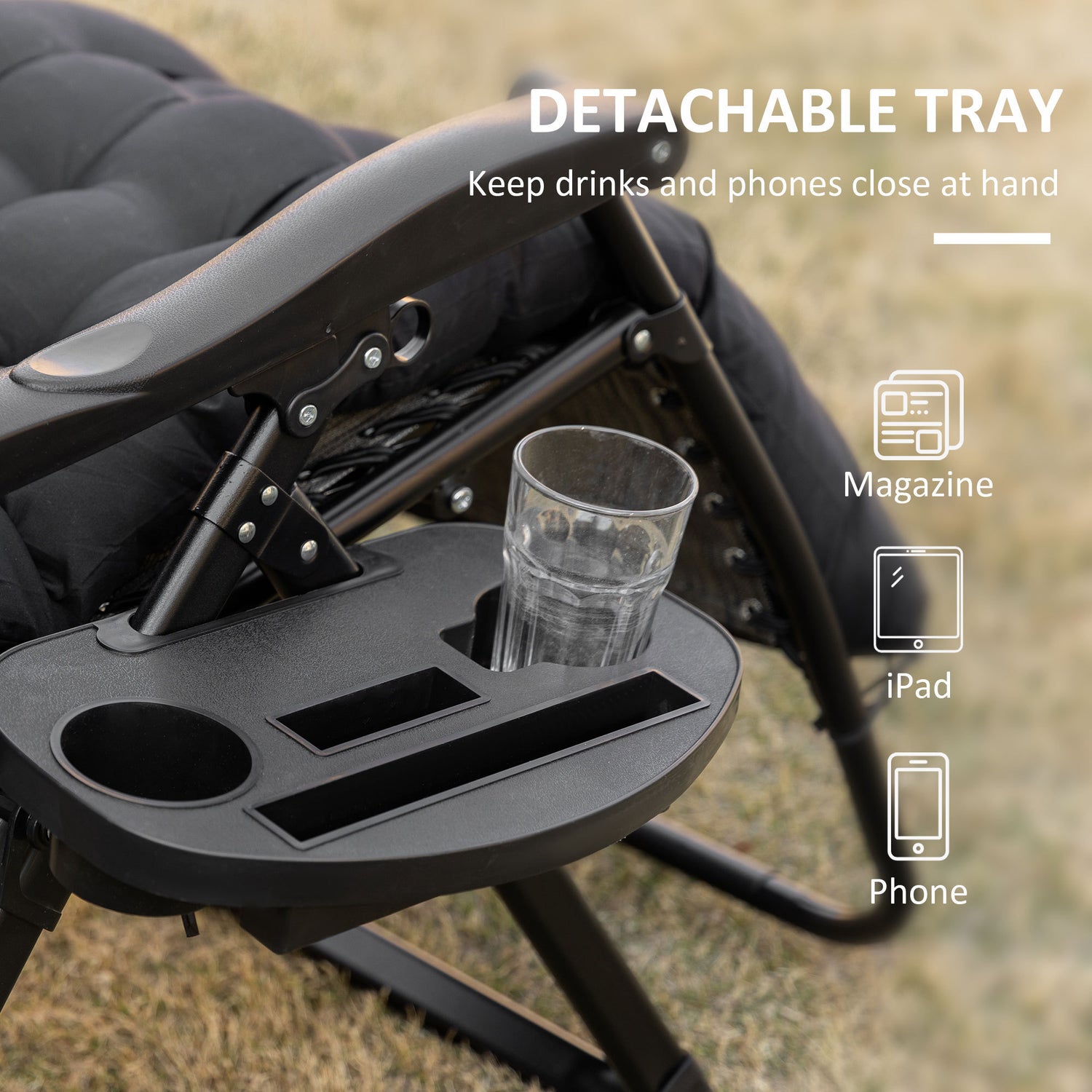 Zero gravity chair, reclining lounge chair with padded cushion -  Side Tray Black
