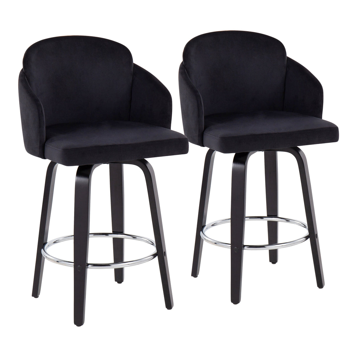 Contemporary Counter Stool in Black Wood and Black Velvet - Set of 2