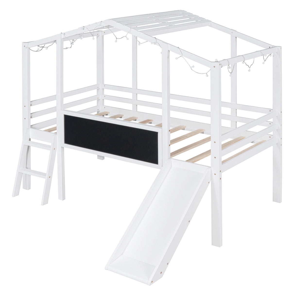 Loft House Bed With Ladder And Slide, With board And Light Strip On The Roof
