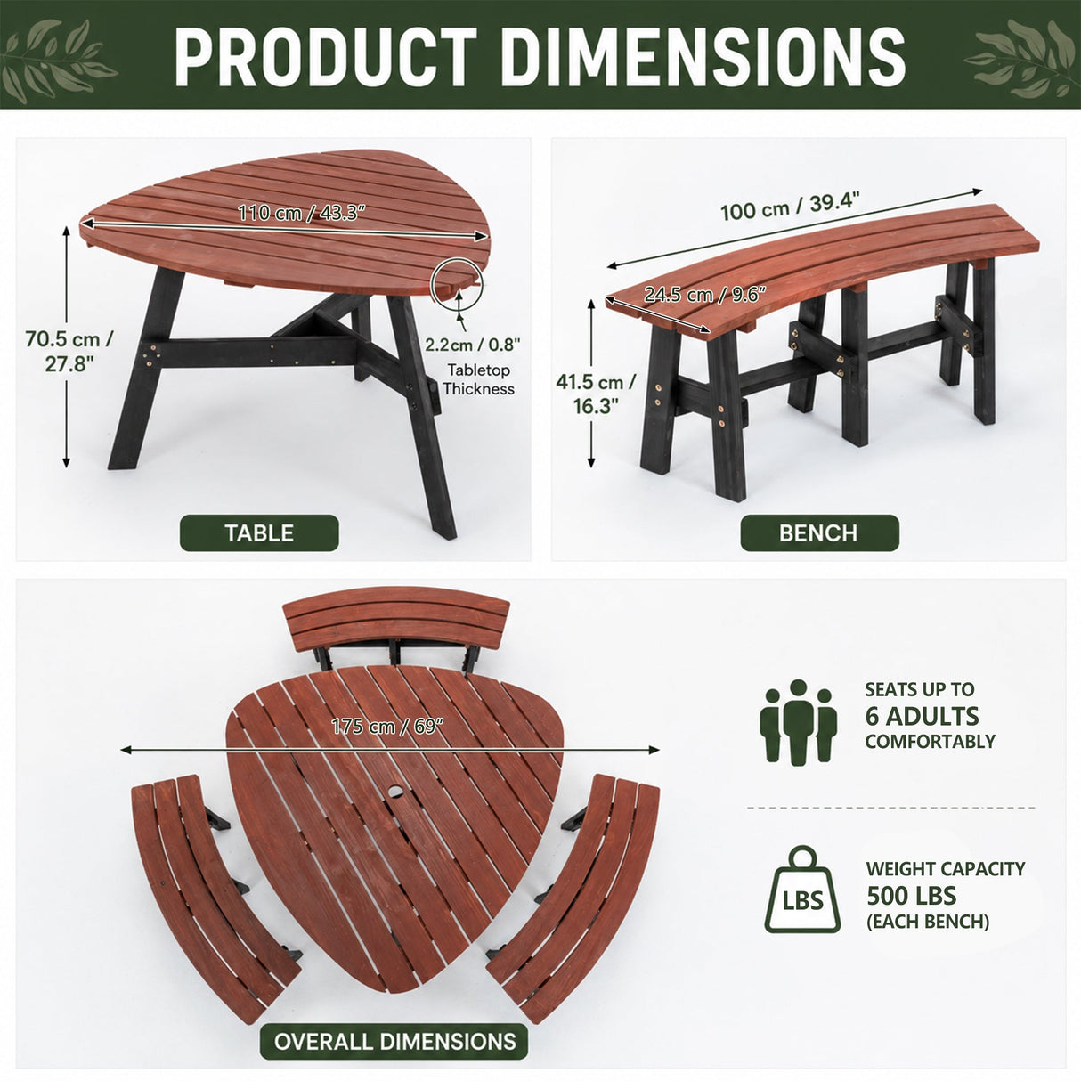 6-Person Semi-Circular Outdoor Solid Fir Wood Picnic Table Set, Rustic