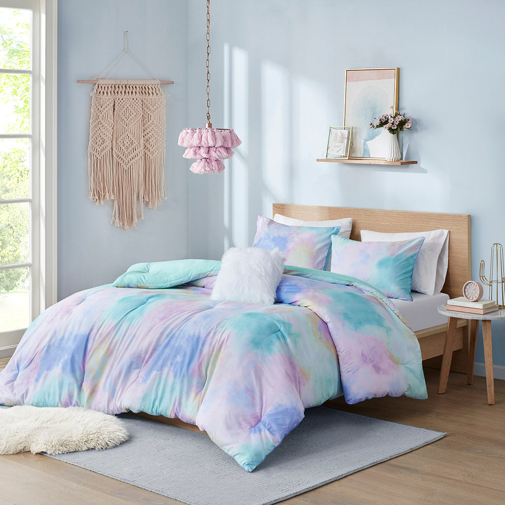 Twin/Twin XL Watercolor Tie Dye Printed Comforter Set with Throw Pillow