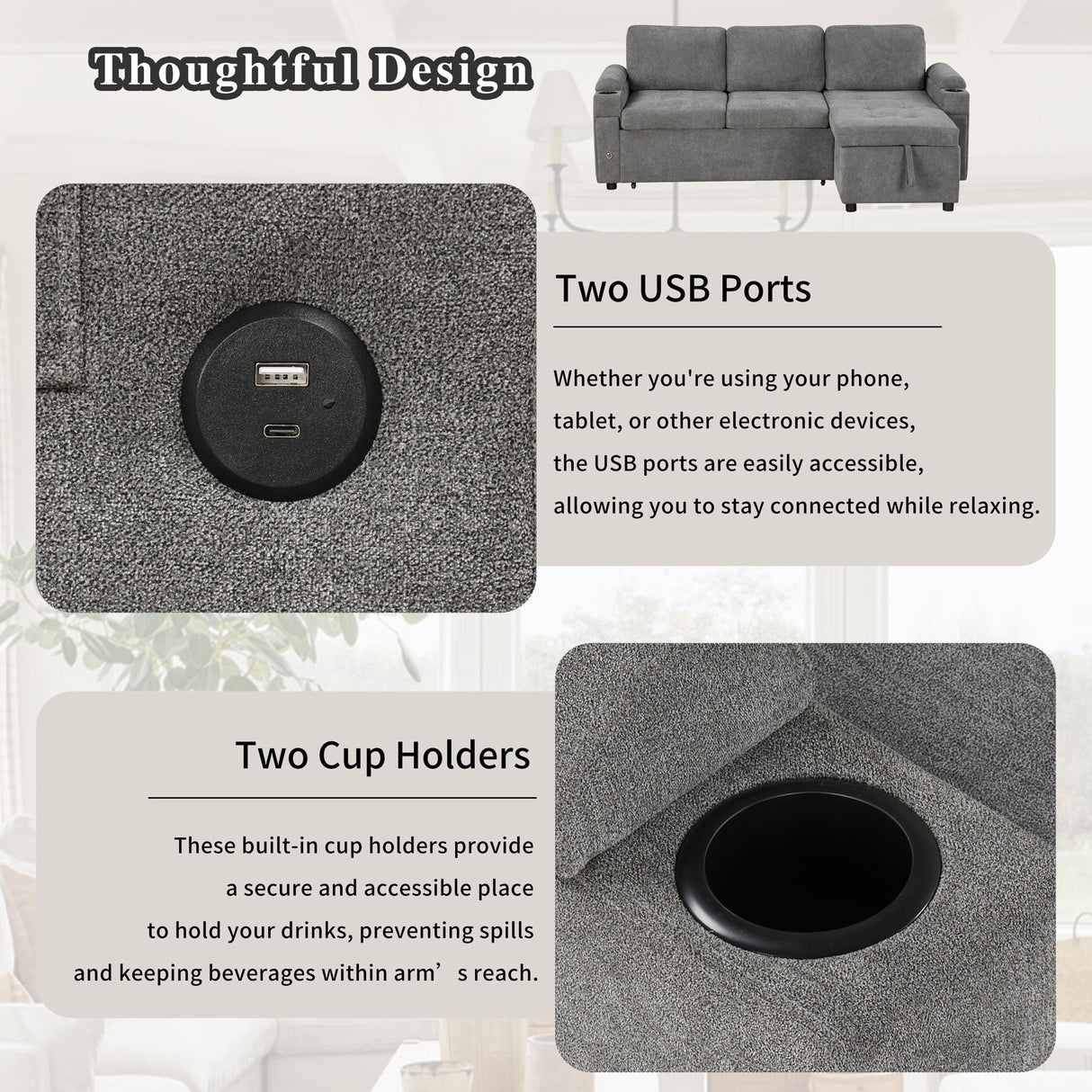 Convertible L Shaped Sofa Couch With Storage, Cup Holders, USB Ports