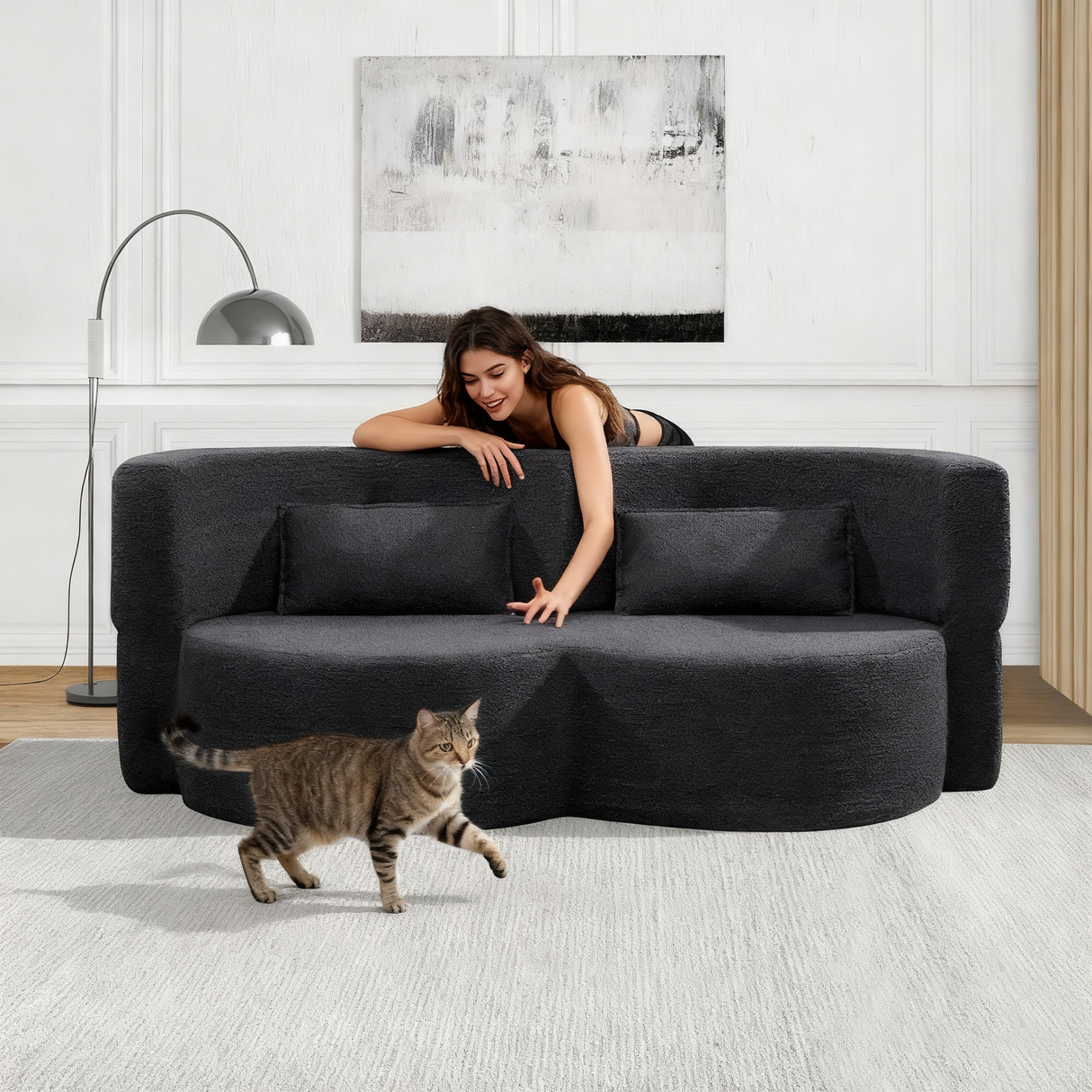 Folding Sofa Bed in Black Teddy Bear Fabric
