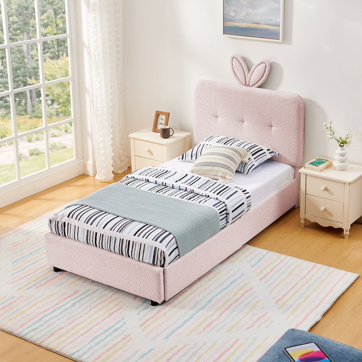 Twin Size Kids Upholstered Bed with Oversized Rabbit Ear Headboard, LED Light & 4 Storage Drawers, Boucle Fabric (79.5''X40.75''X41'')