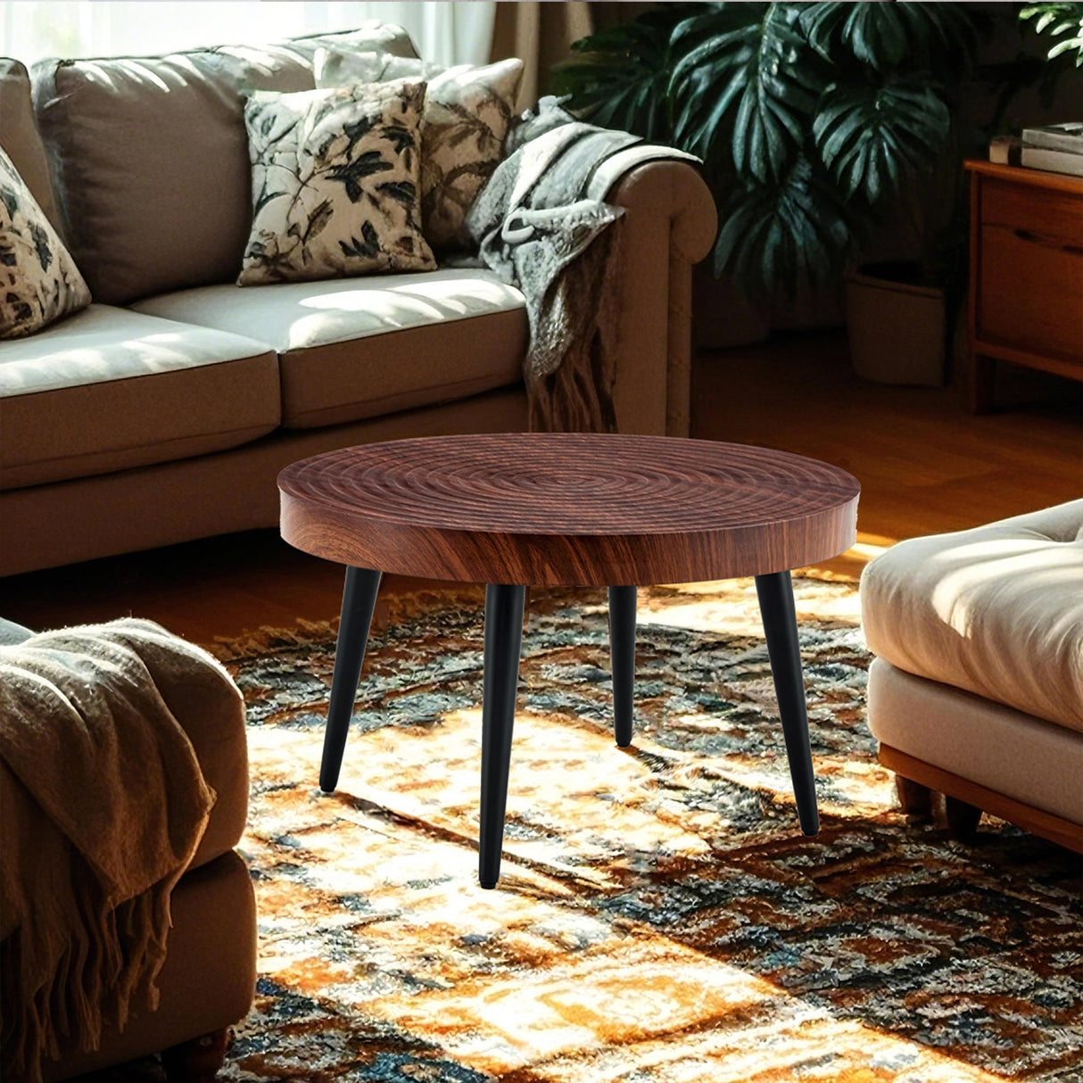 Modern Round Coffee Table - Walnut Pattern MDF And Black Metal Legs