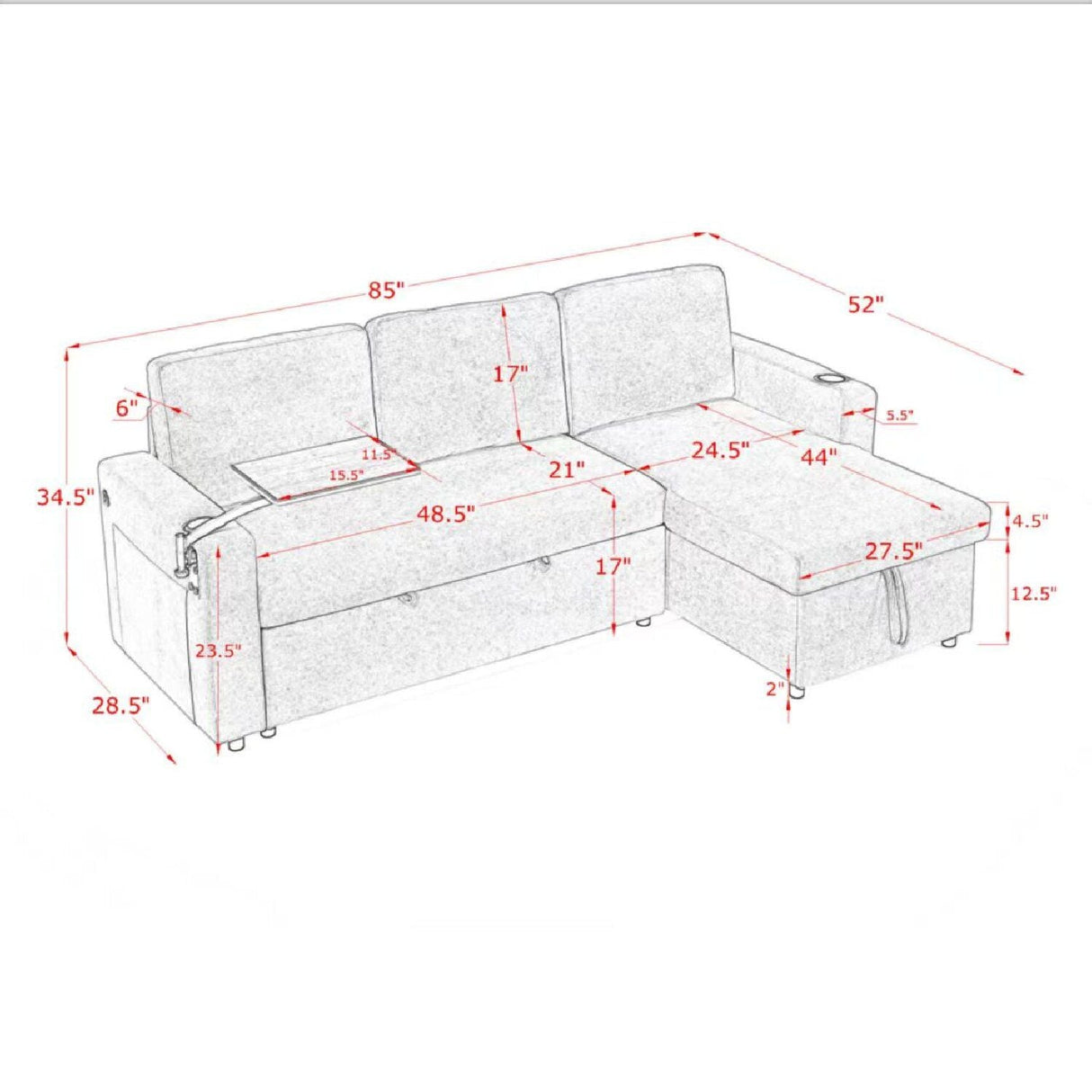 Multi Functional Pull Out Bed Sofa With Retractable Table, LED Lighting, USB Charging Ports & Cup Holders