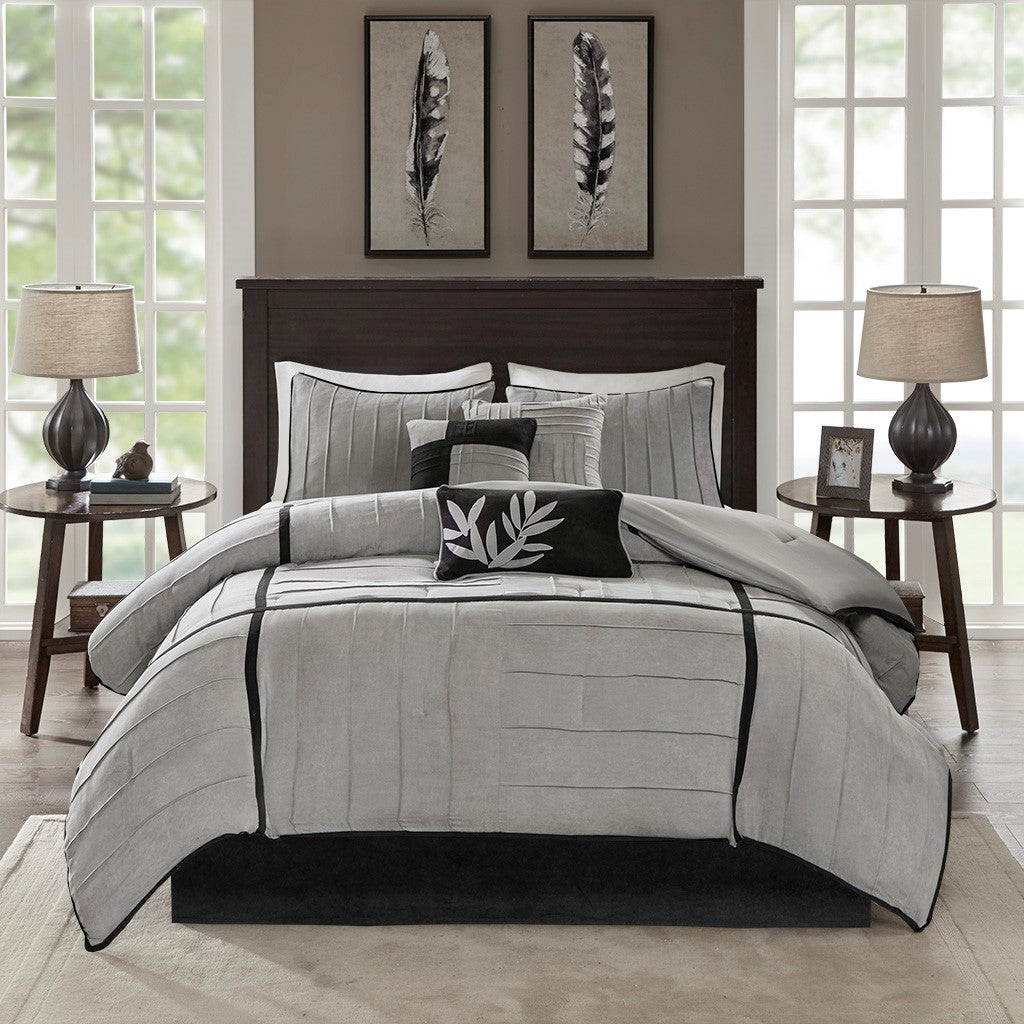 Grey Faux Suede 7 Piece Queen Comforter Set with Pintuck Detailing