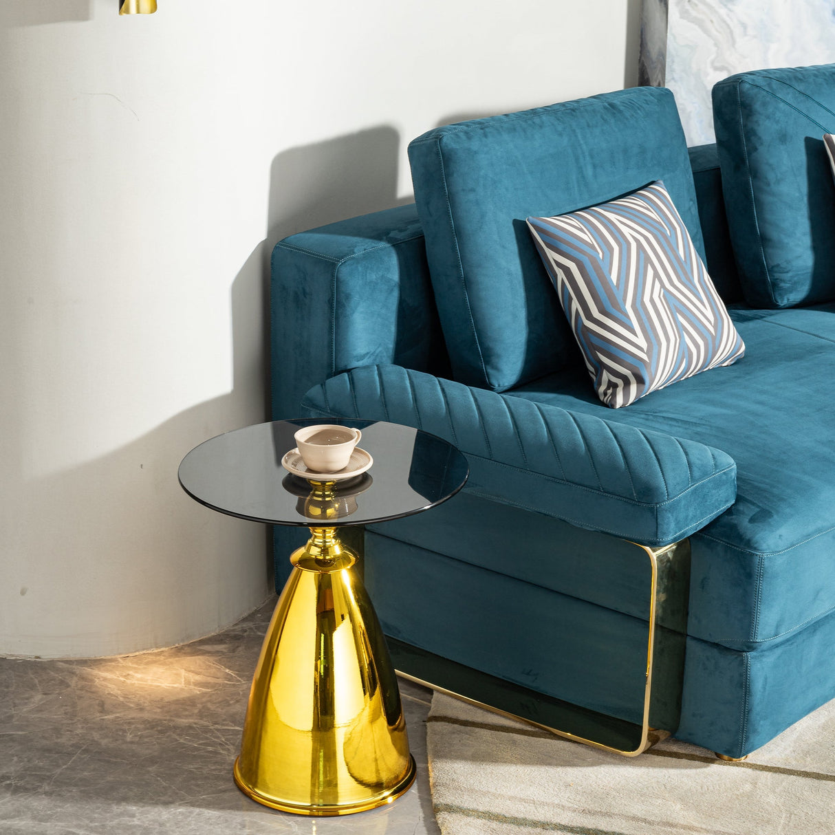 Modern Living Room Coffee Table with Grey Tempered Glass and Gold Carbon Steel