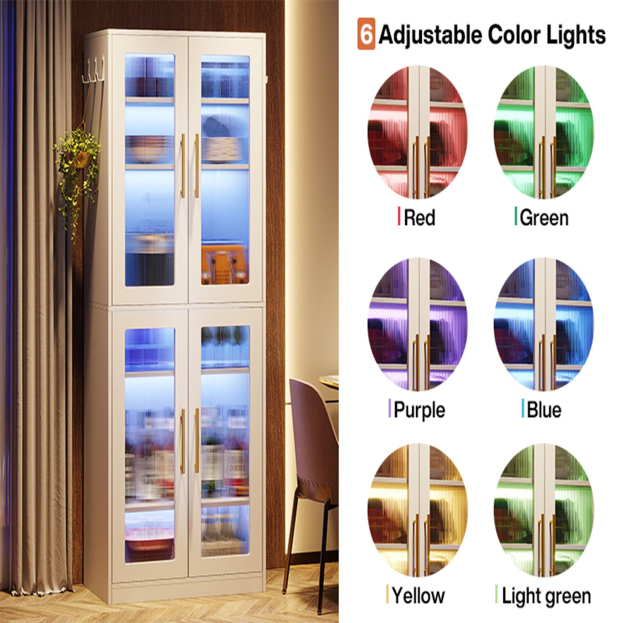 Bookcase With Doors And LED Lighting, 8 Adjustable Shelves Storage Cabinet