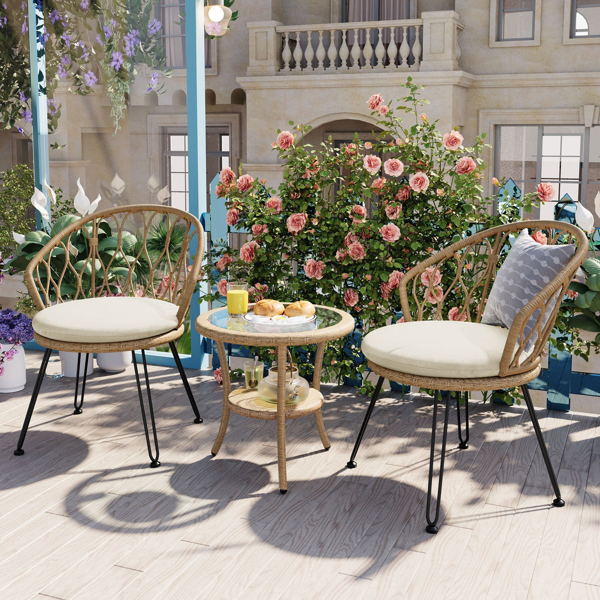U_STYLE Outdoor Leisure Set, 2 Rattan Single Chairs with Glass Round Table