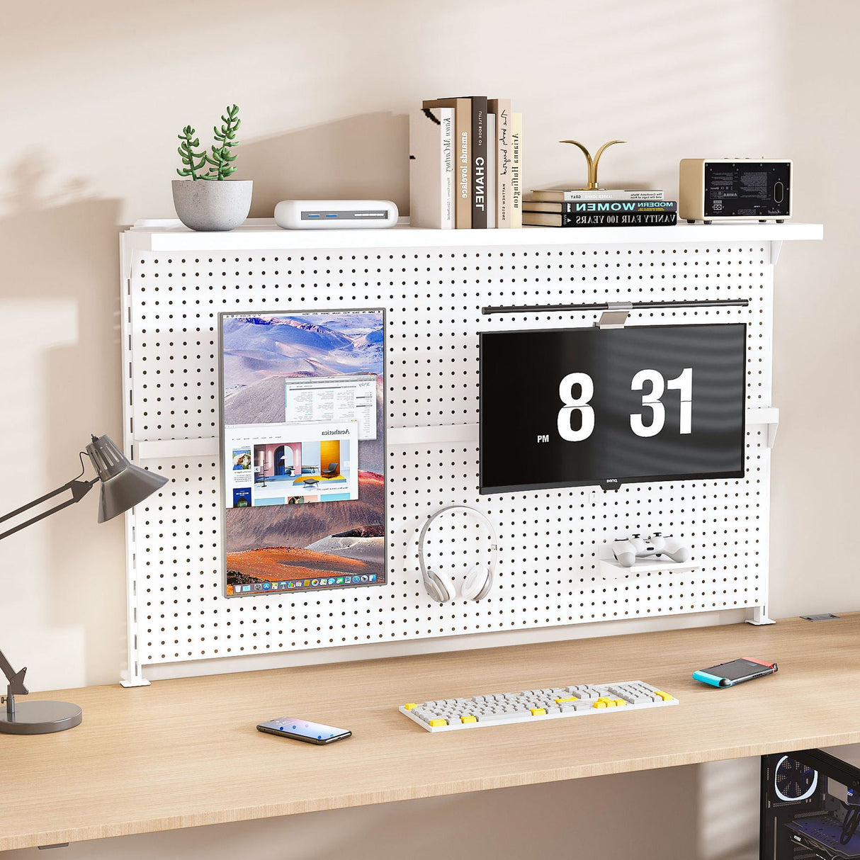 Clamp On Desk Pegboard With Single Monitor Stand