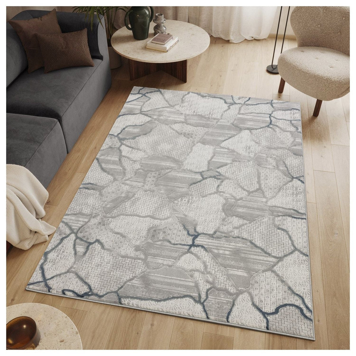Geometric 3D Effect Area Rug with Durable Polyester - Gray/Ivory