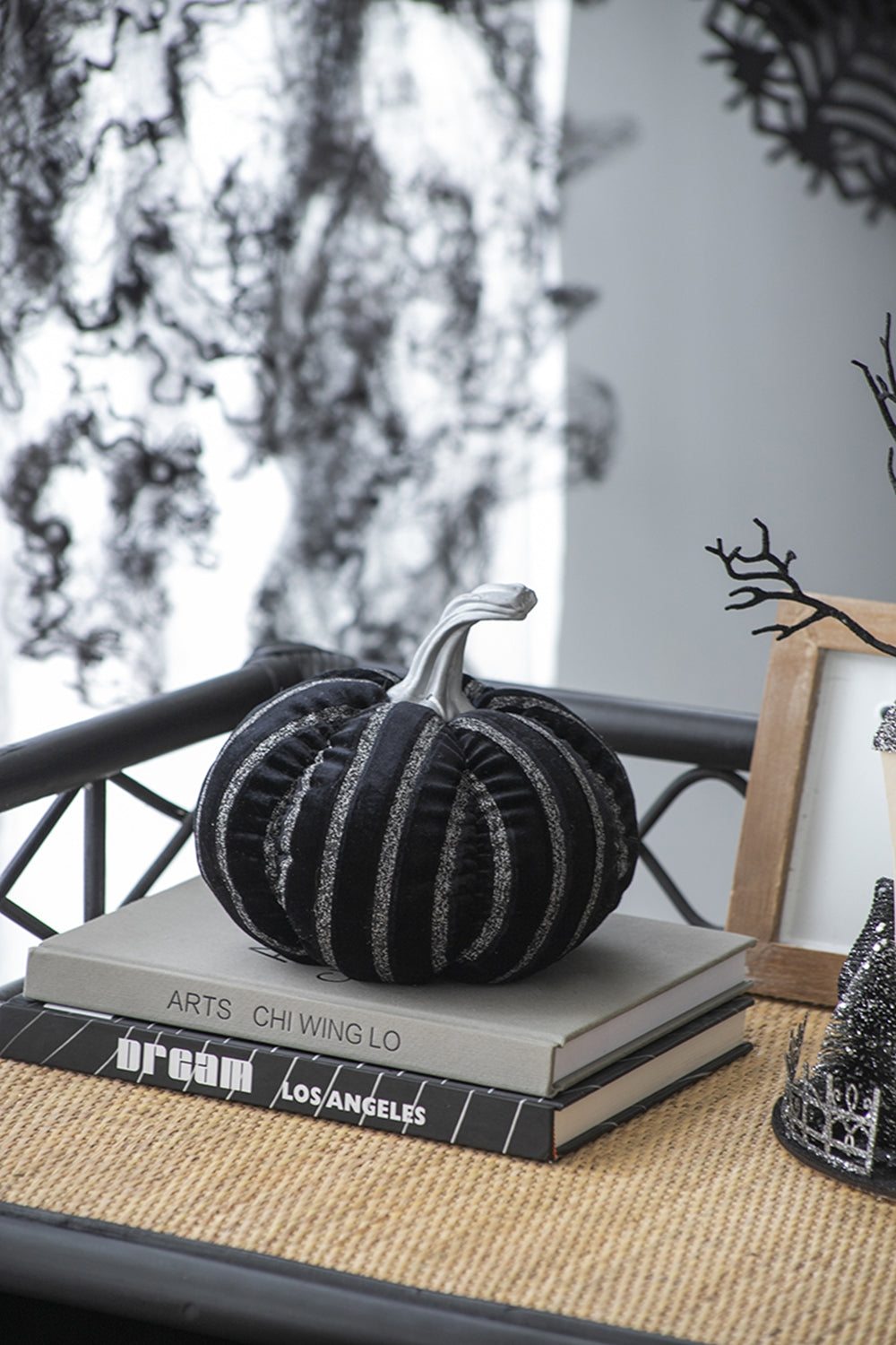 Set of 2, 7x7x7" Fabric Black Stripe Pumpkin Decor