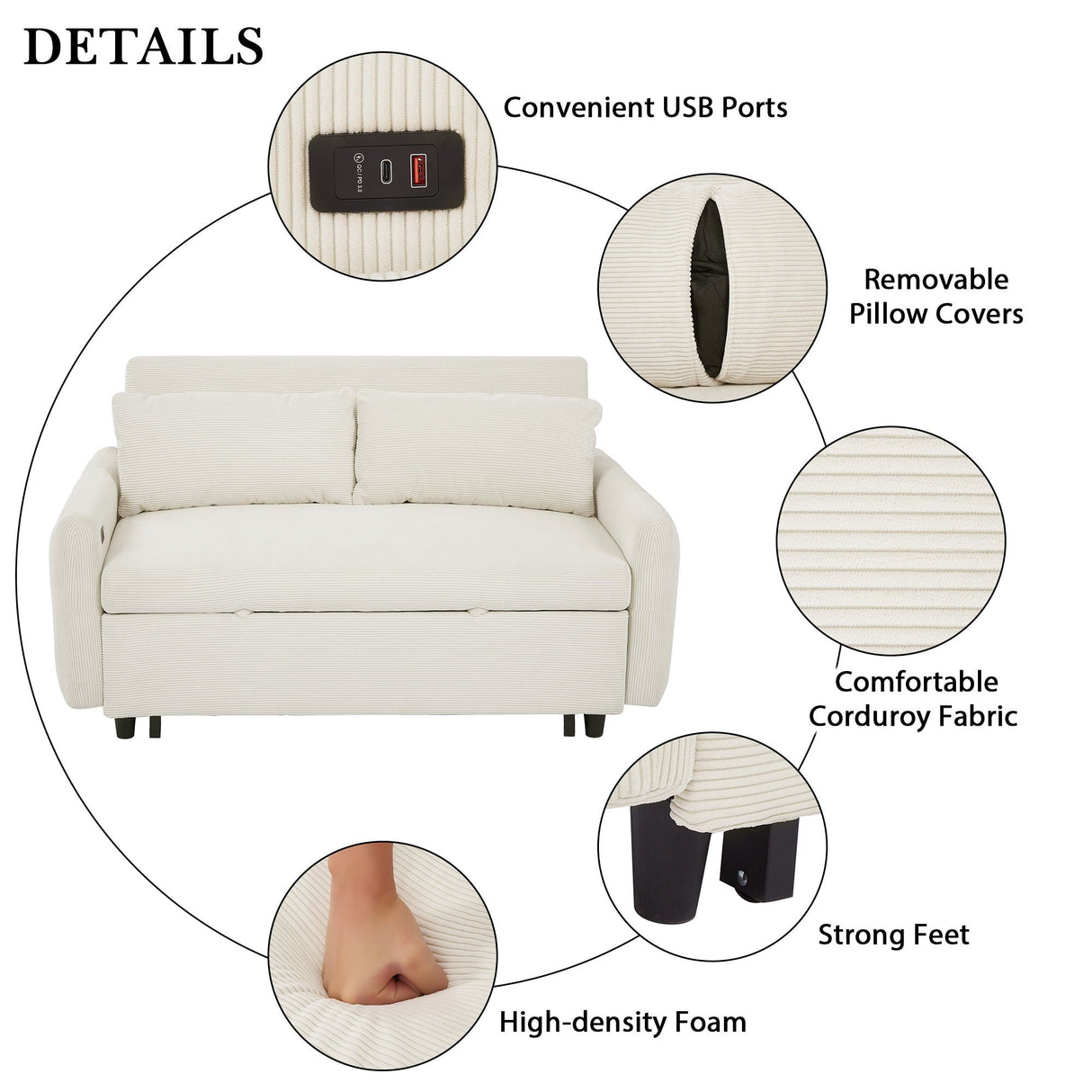 Pull-Out 2 Seat Modern Sleeper Sofa With 2 Throw Pillows And USB Ports