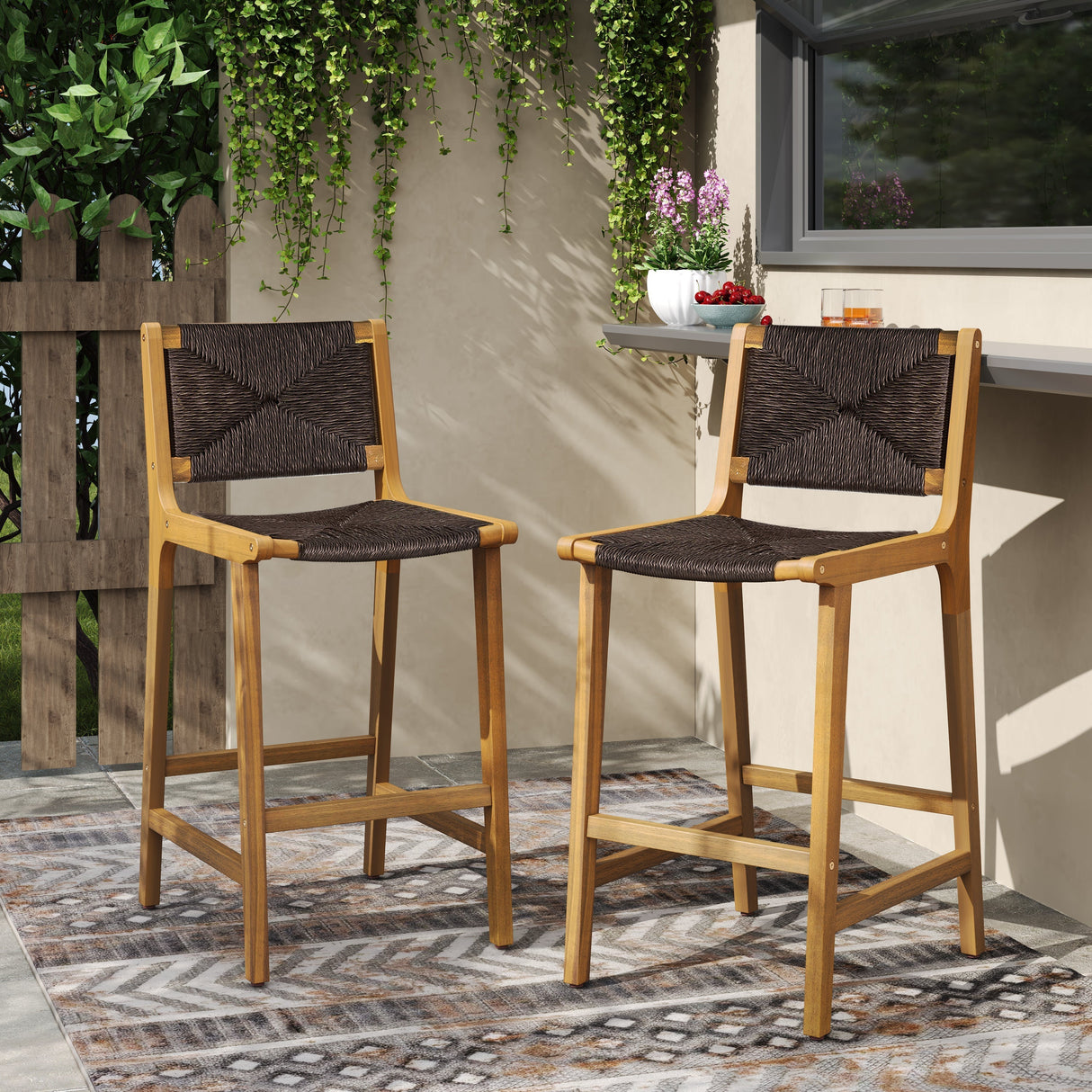 Acacia Wood Outdoor Armless Barstool - Teak Set of 2