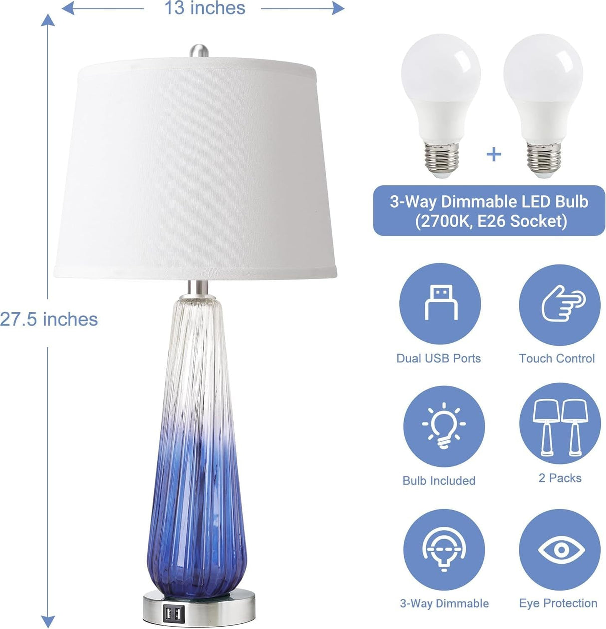 Table Lamps Set of 2 with Touch Control and USB Ports