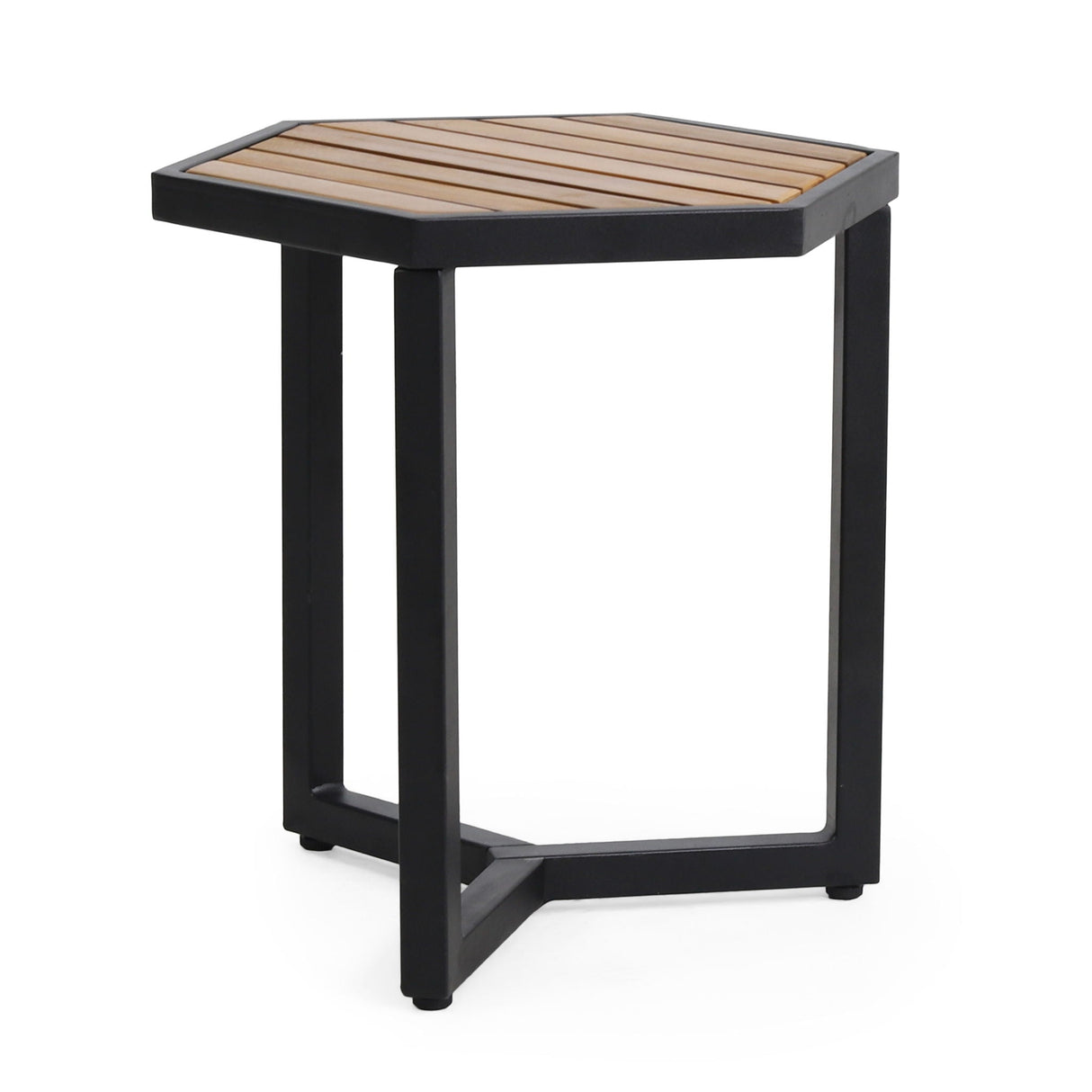 Outdoor Side Table with Iron Base and Slatted Top - Brown