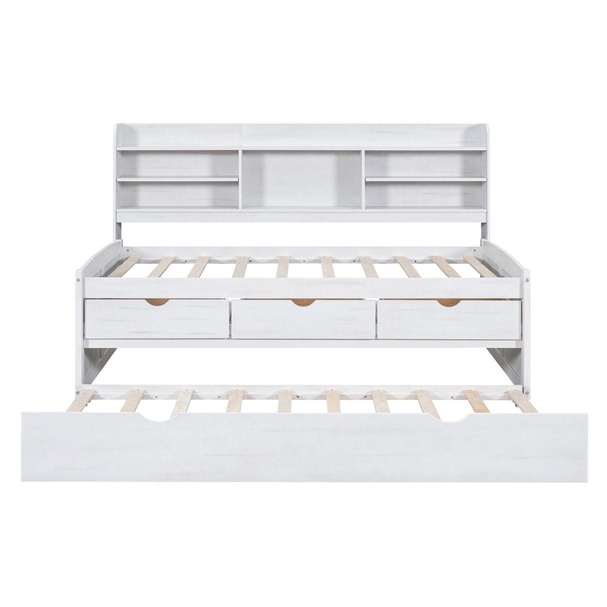 Captain Bed With Built In Bookshelves, 3 Storage Drawers, And Trundle