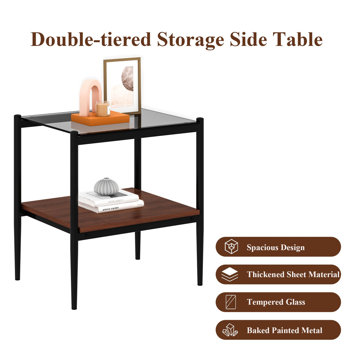 Set of 2 Rectangle End Tables with Gray Glass Top