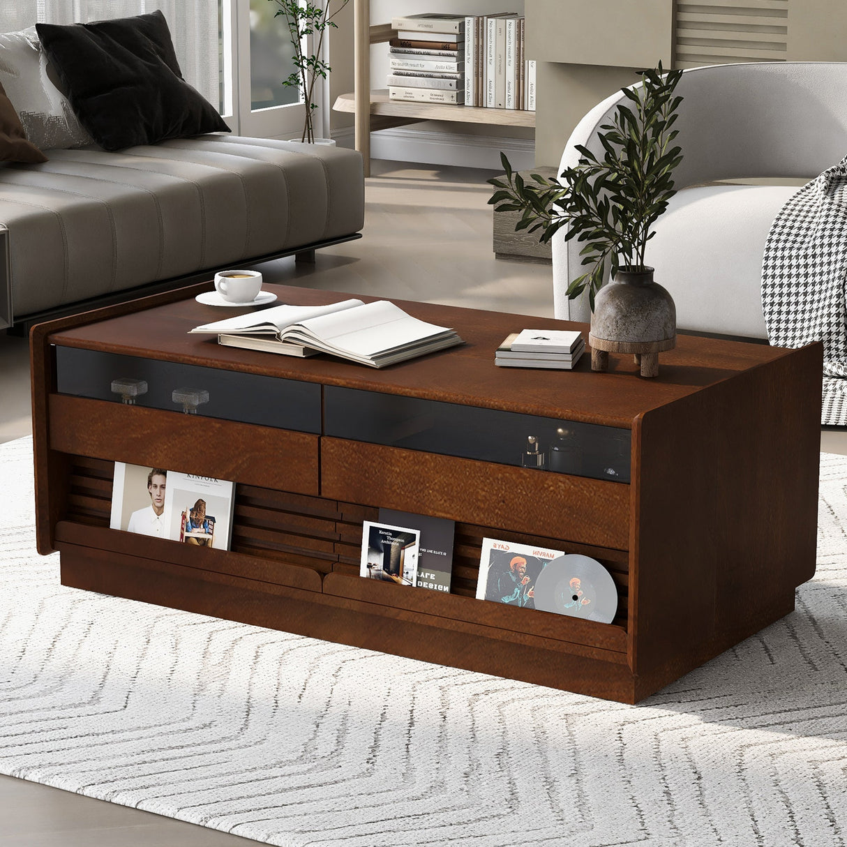 Modern Rectangle Coffee Table with 4 Drawers and 2 Display Shelves
