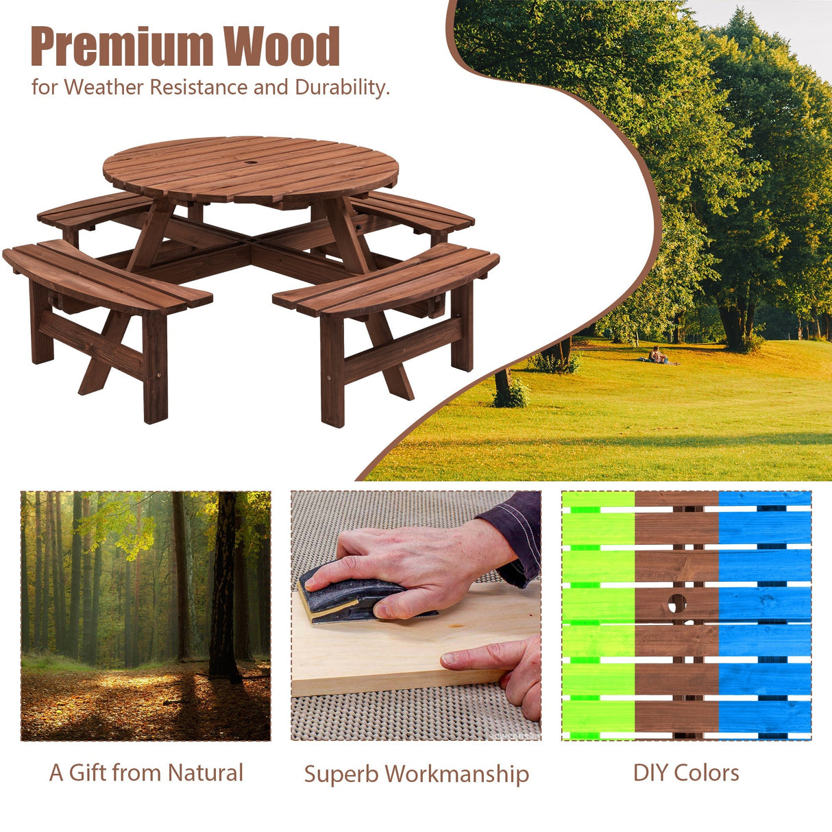 8 Person Wooden Picnic Table Outdoor Camping Dining Table with Seat