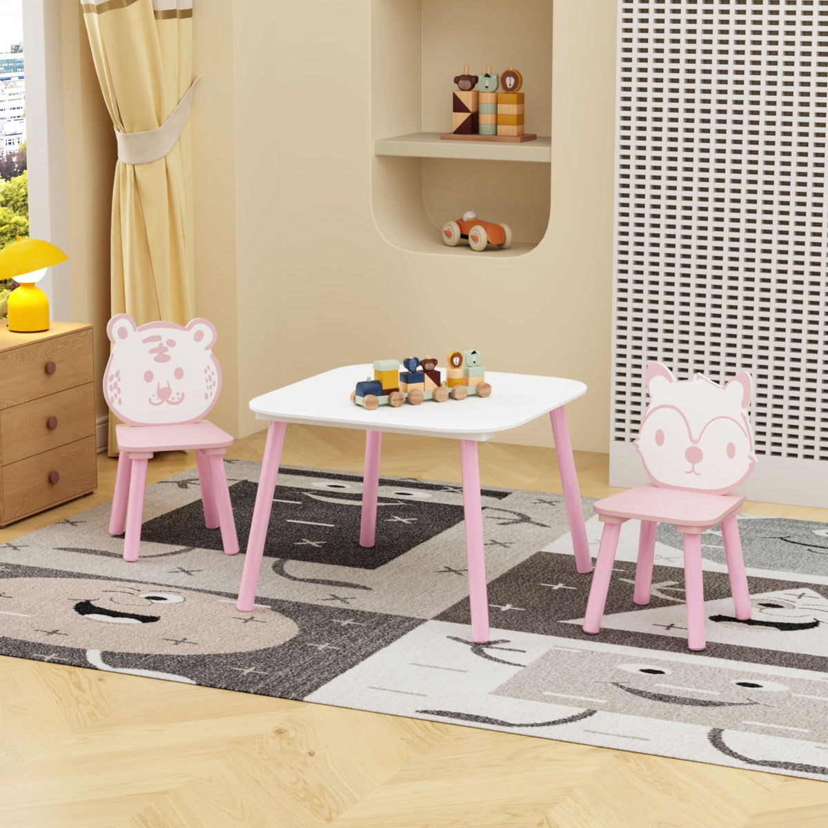 Wooden Toddler Table and Chair Set with Animal Backrest - Pink / White