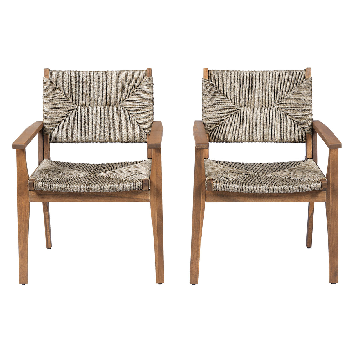 5-Piece Outdoor Dining Set: Brown Round Acacia Wood Table & 4 Brown Wicker Armchairs