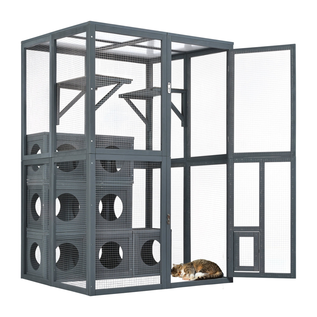 Grey Pine Wood Outdoor Cat House with Shelves and Weather Protection