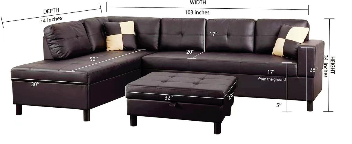 3 PC Sectional Sofa Set Brown Faux Leather Left-Facing Chaise