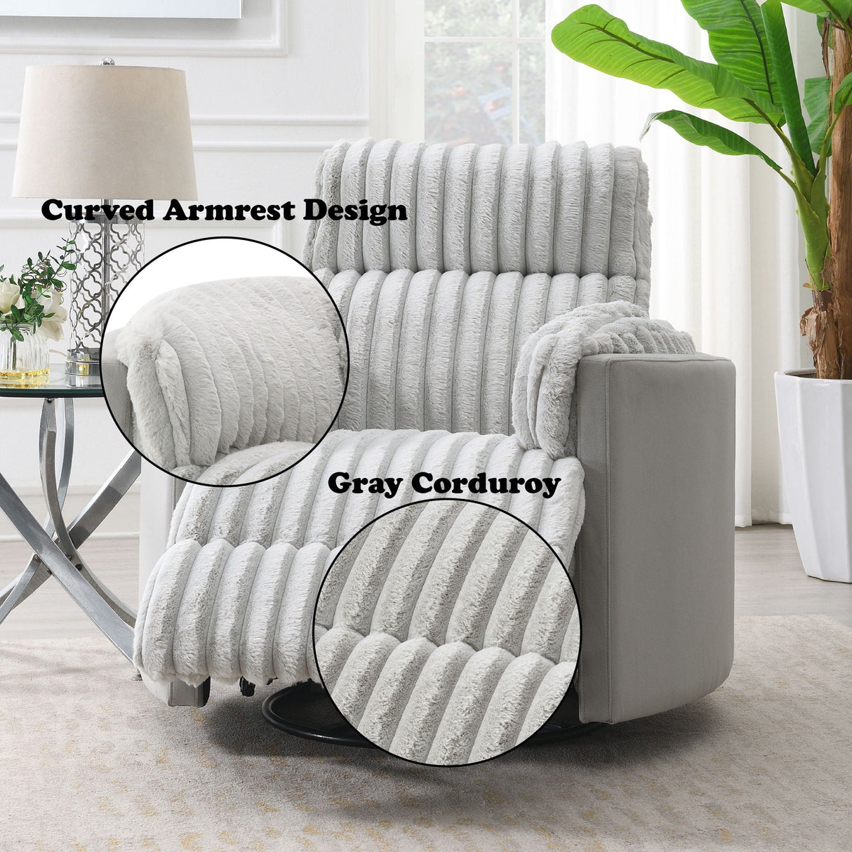 Emee Corduroy Glider Recliner With Swivel - Gray