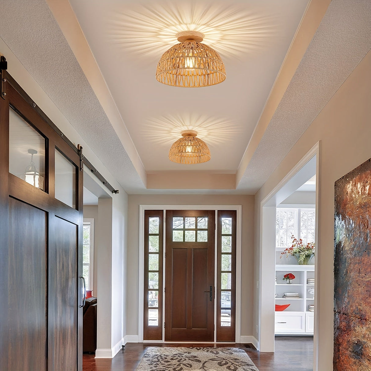 Boho Rattan Ceiling Light Flush Mount Handwoven Pendant Lamp for Bedroom