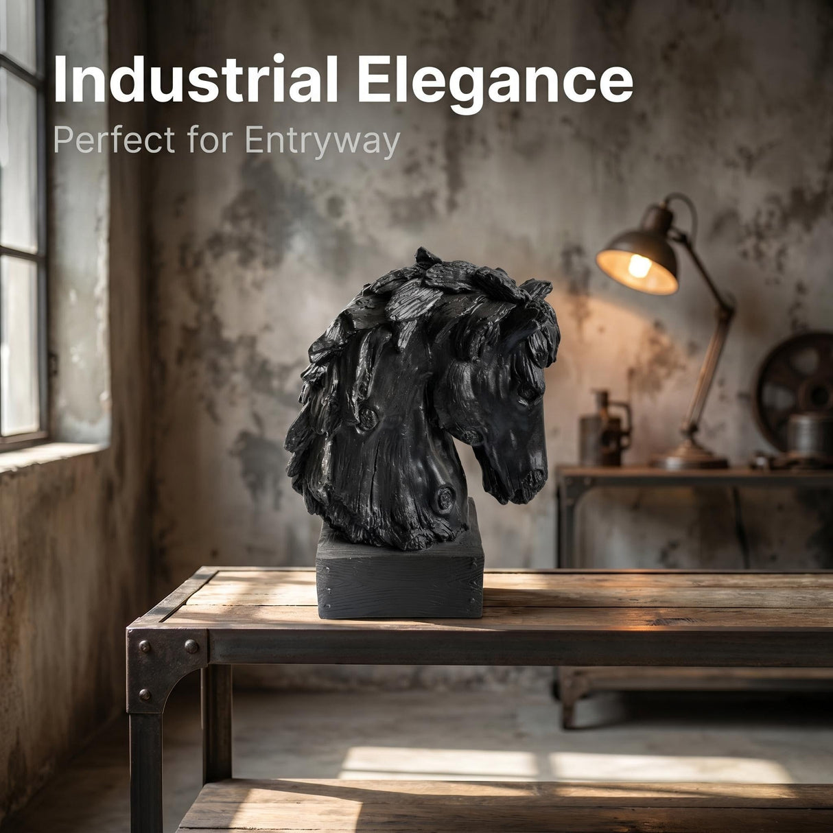 Black Rustic Horse Head Sculpture with Base