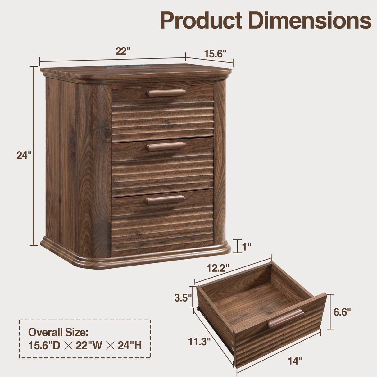 22" Wide Fluted Nightstand with Charging Station