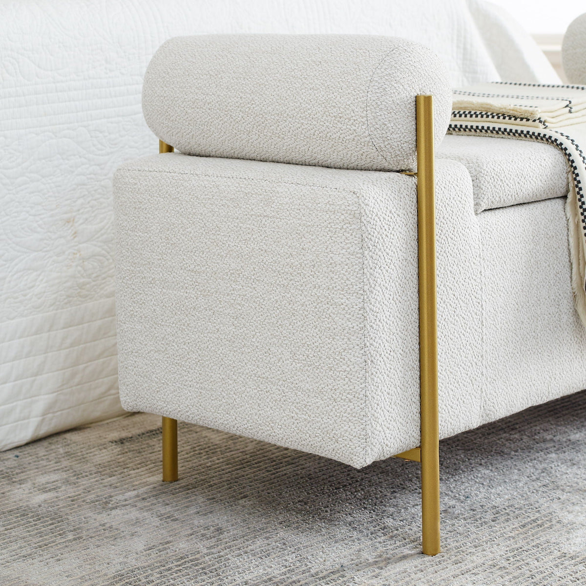 Elegant Upholstered Storage Bench With Cylindrical Arms And Iron Legs,