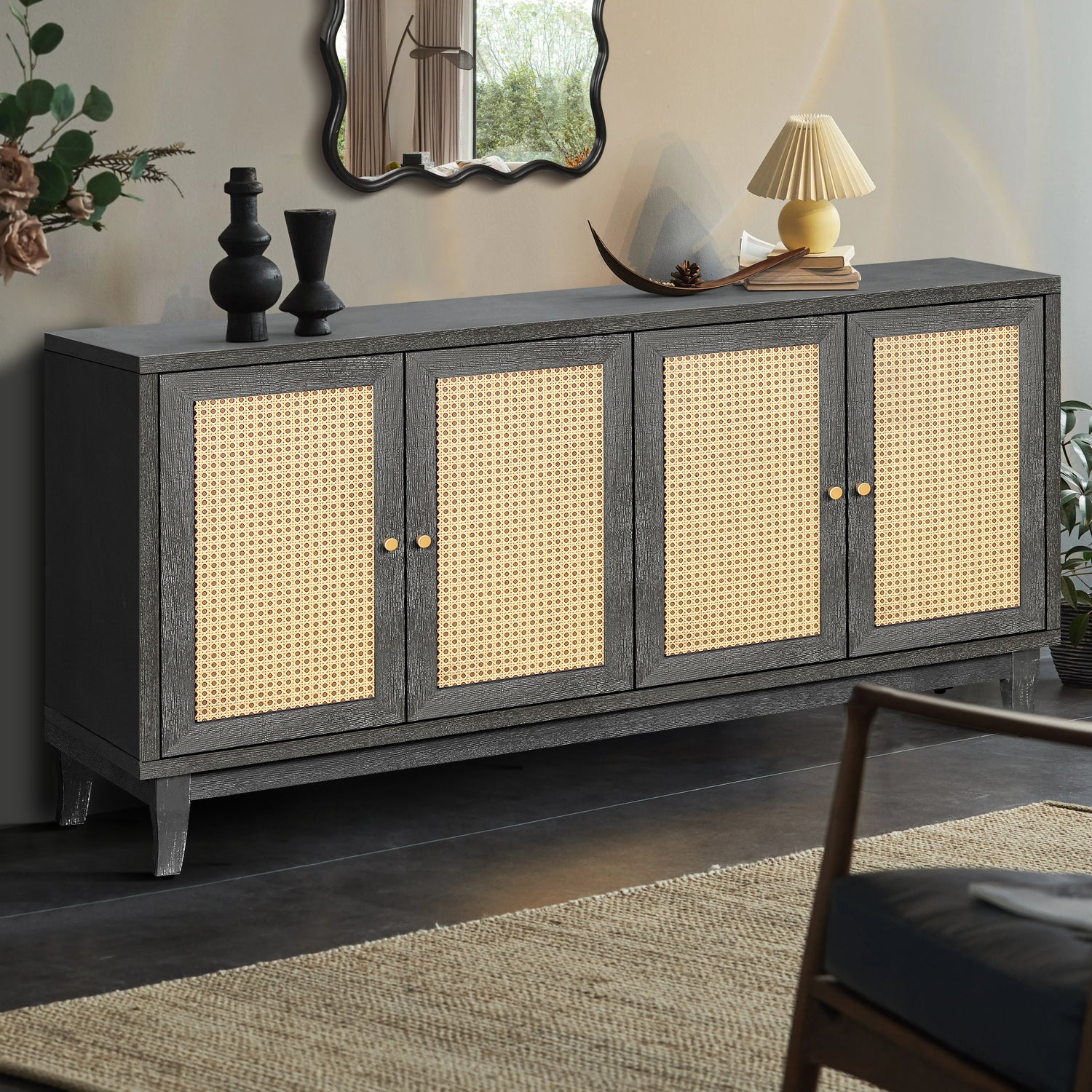 Opal Handcrafted Rattan-Door Wooden Sideboard
