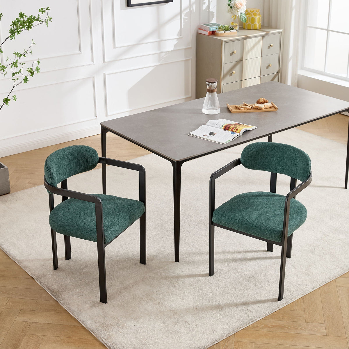 Dining Arm Chairs Set of 2 with Fabric Upholstery and Metal Legs - Green, Orange, or Beige