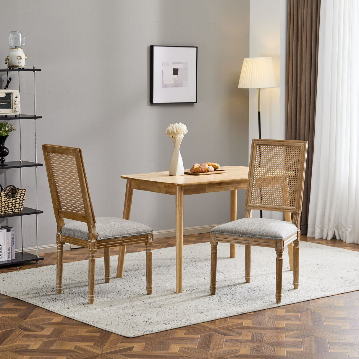 French Country Dining Chair With Rectangular Cane Backrest And Smooth Upholstered Seating
