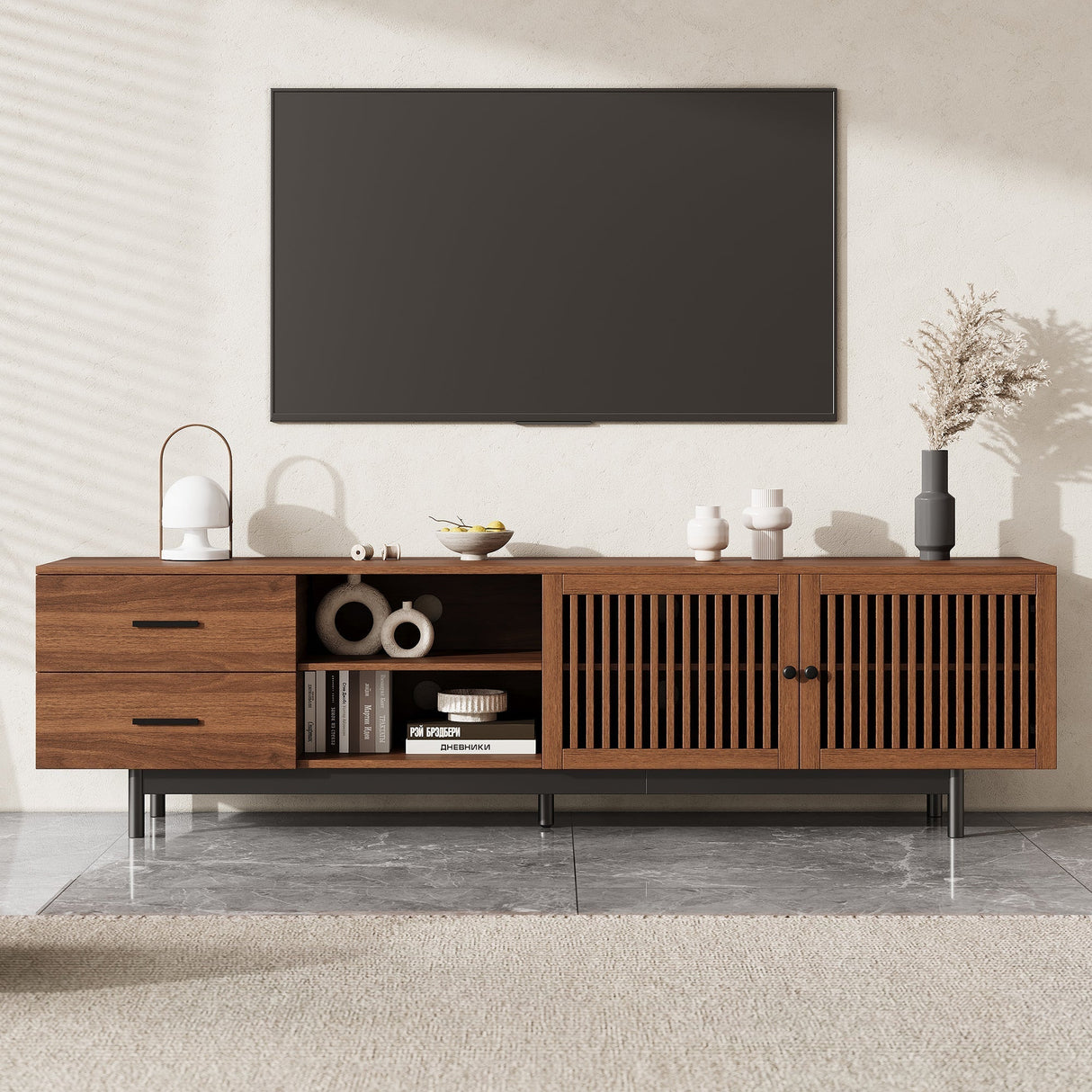 78 inch Modern TV Stand for TVs up to 85 inchesEntertainment Center with Deep Drawers & Cable ManagementSoft-Closing HingesSolid Wood Legs in Walnut Finish