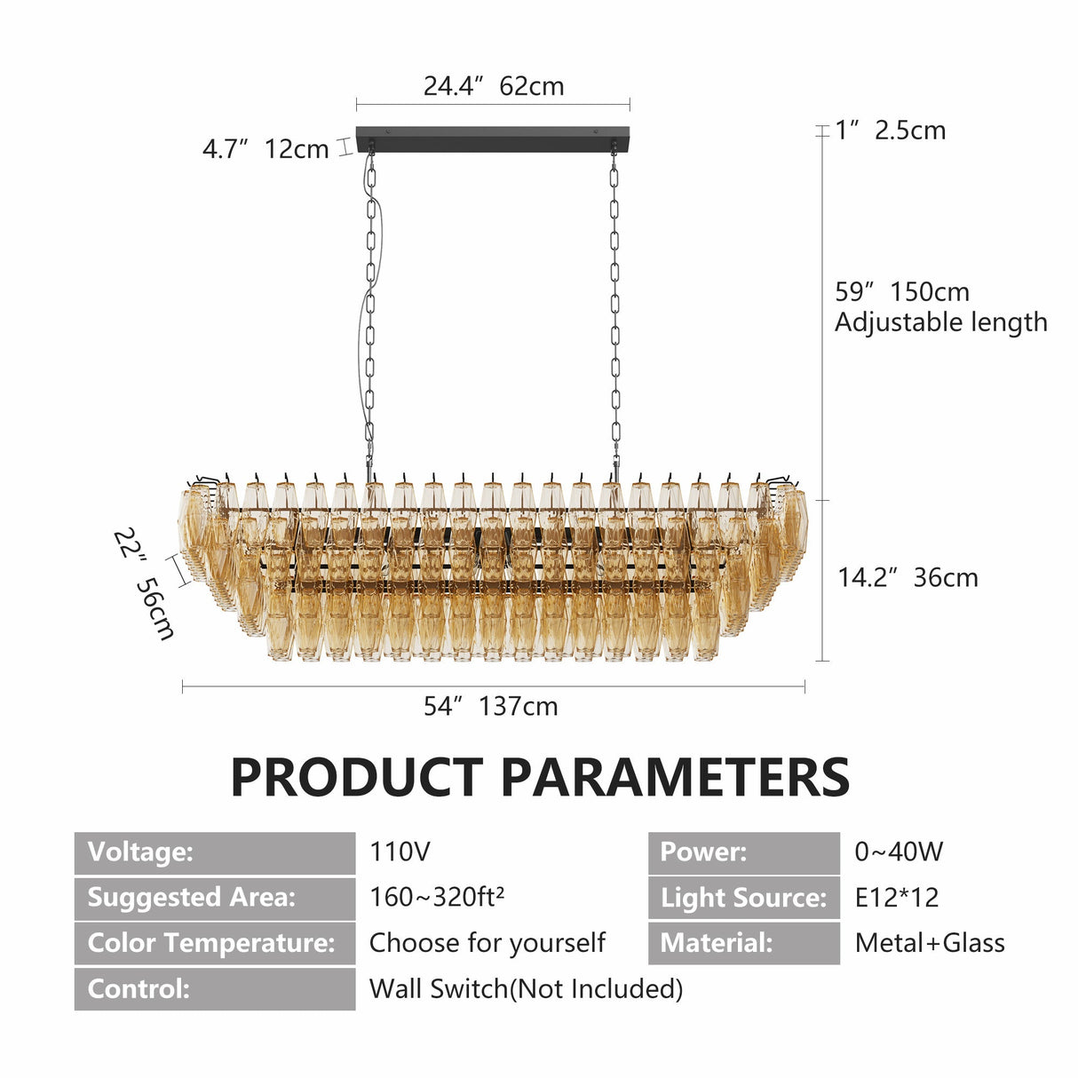 54' Black Rectangular Chandeliers for Dining Room, 12-Light 4 Tiered Large Smoke Glass Chandelier, Modern Kitchen Island Farmhouse Hanging Light Fixture for Living Room Foyer(Bulb not included)