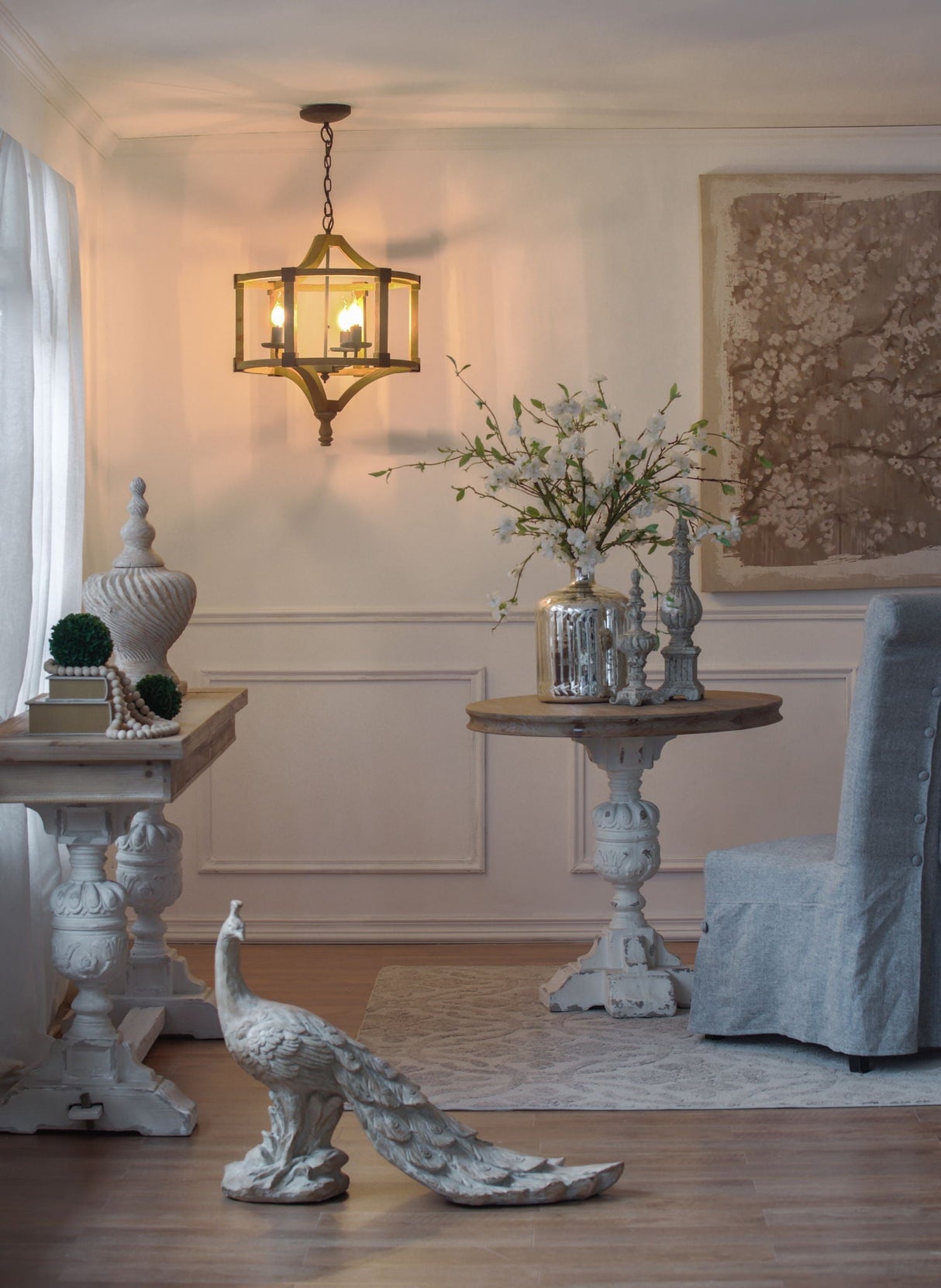 3 Light Wood Drum Chandelier with Adjustable Chain for Kitchen