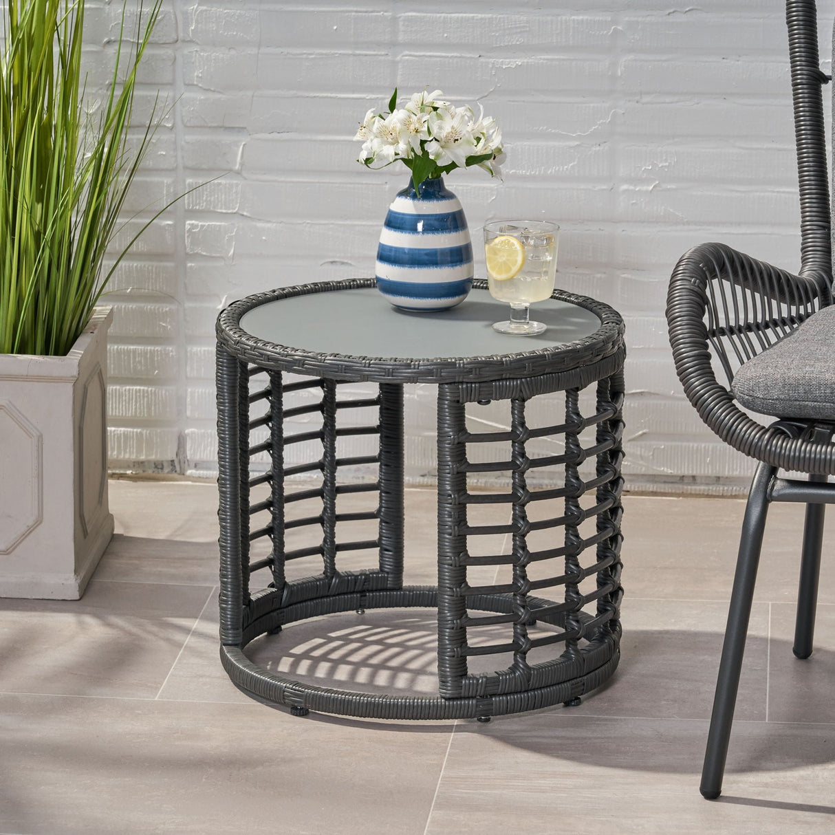 Achill Outdoor Modern Boho Wicker Side Table With Glass Top - Gray