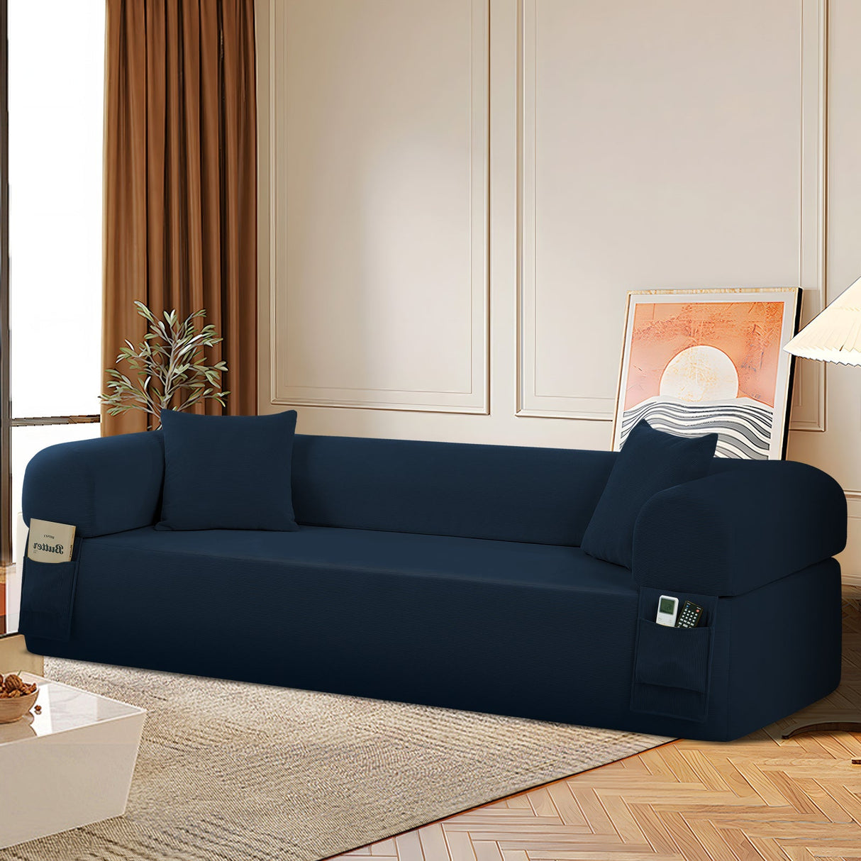 Spring Sofa with High-Quality Fabric, Pillows & Storage in Blue