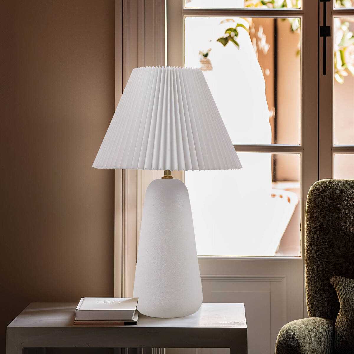 Textured Ceramic Table Lamp with Fluted Fabric Shade - White